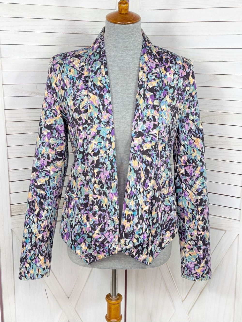 Mossimo Retro 80s Watercolor Print Point Hem Blazer Jacket Small Purple Multi